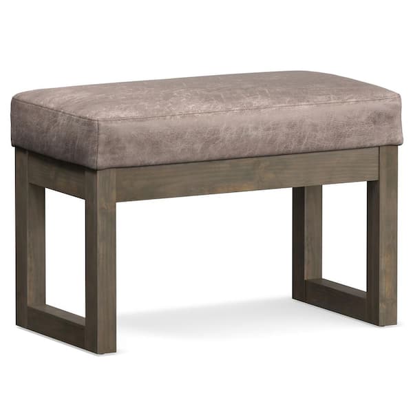 Simpli Home Milltown Distressed Gray Taupe Footstool Small Ottoman Bench 14.4" D x 26.2" W x 18.3" H
