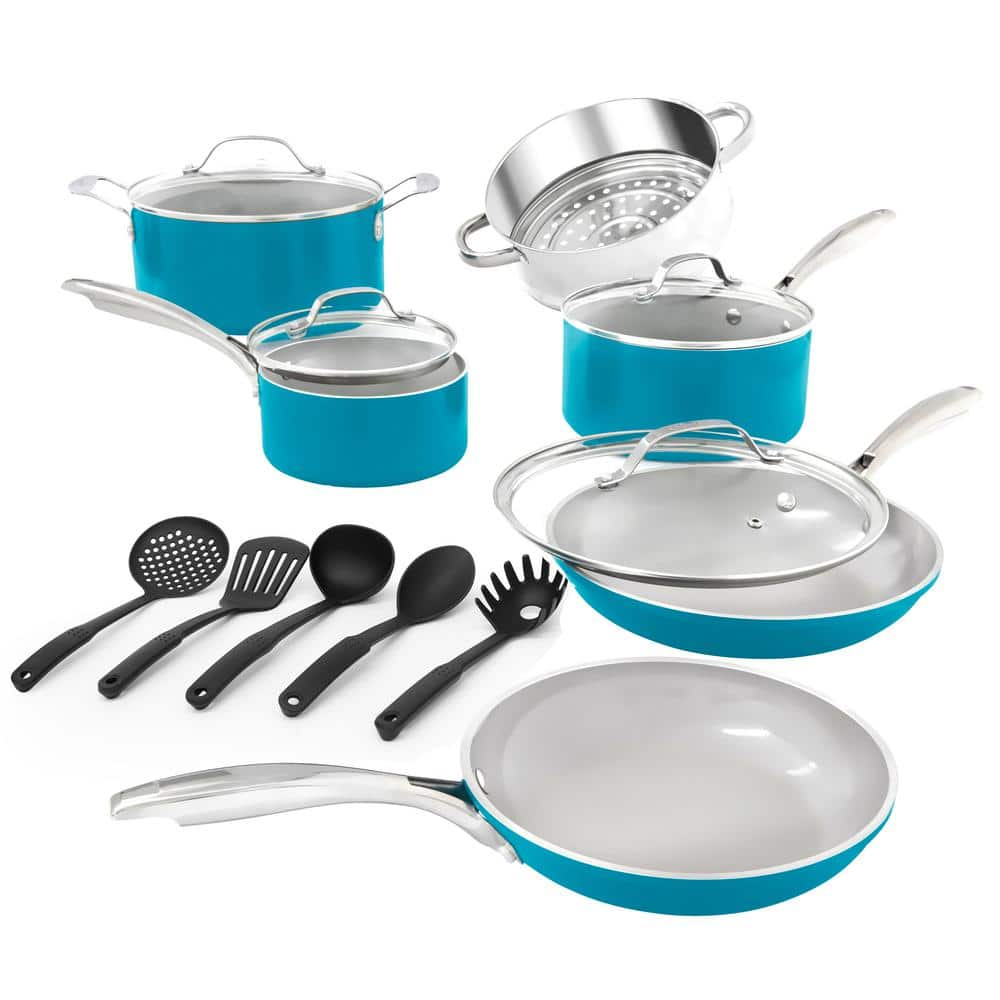 Gotham Steel 15-Piece Aluminum Ceramic Nonstick Cookware Set with Utensils in Aqua Blue