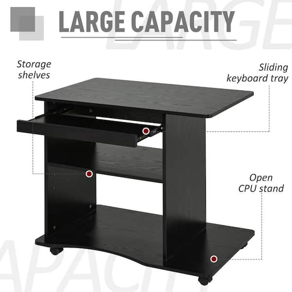 Homcom 31 5 In Black Mobile Laptop Computer Desk With Keyboard Tray And Adjustable Shelf 836 208v80 Mobile Laptop Computer Desk, Rolling Computer Desk With Keyboard Tray