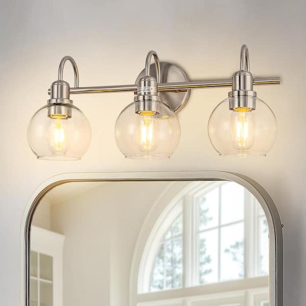 20 in. 3-Light Brushed Nickel Industrial 3-Light Bathroom Vanity Light with Clear Glass Globe Shades Bathroom