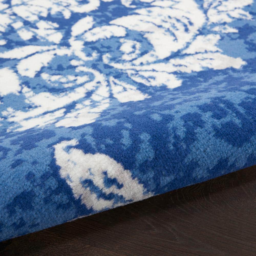 Ivory and Navy Floral Damask 8' x 10' Synthetic Area Rug