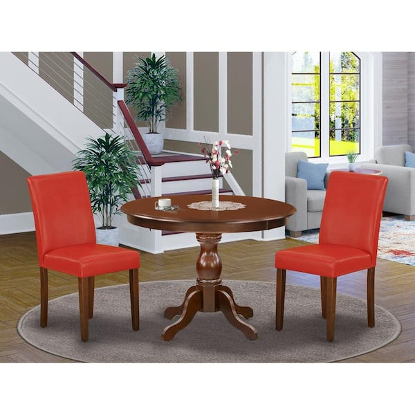East West Furniture 3-Piece Mahogany Finish Solid Wood Top-Dining Room Set with High Back-Seats 4