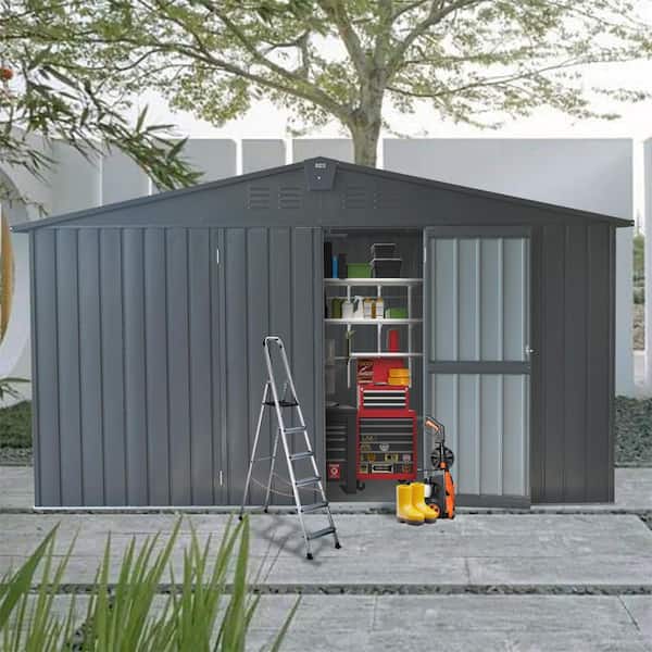 11 ft. W x 13 ft. D Outdoor Storage Shed with Lockable Door Metal Shed Suitable Backyard, Coverage Area 143 sq. ft. Grey