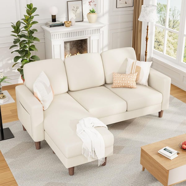 L-Shaped Sofa 72 in. Square Arm 1-Piece Linen Sectional Sofa in White