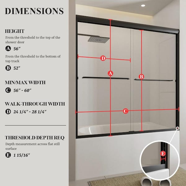 Ridge 56 in. W x 60 in. H Sliding Semi-Frameless Tub Door in Matte Black Finish with Clear Glass