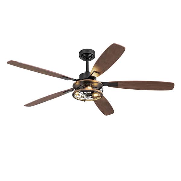 60 Inch Indoor/Outdoor Black Ceiling Fan with Light and Remote, Farmhouse Caged, Reversible DC Motor for Living Room