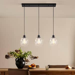 3-Light Matte Black Modern Linear Kitchen Island Light Classic 3 Lights Hanging Pendant Light with Globe Seeded Glass