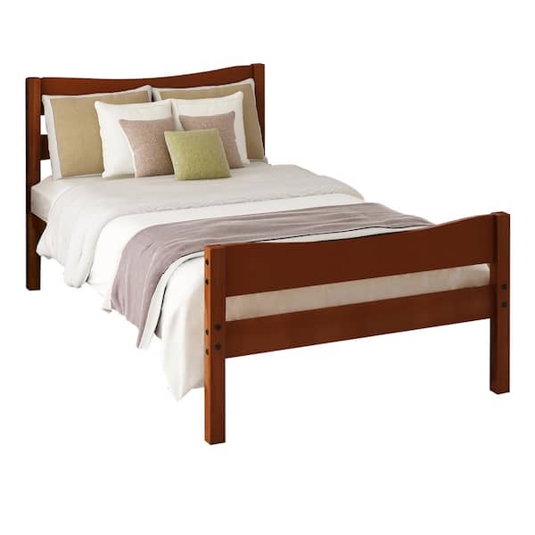 41.9 in. W Walnut Twin Size Wood Frame Platform Bed with Headboard and Wooden Slat Support