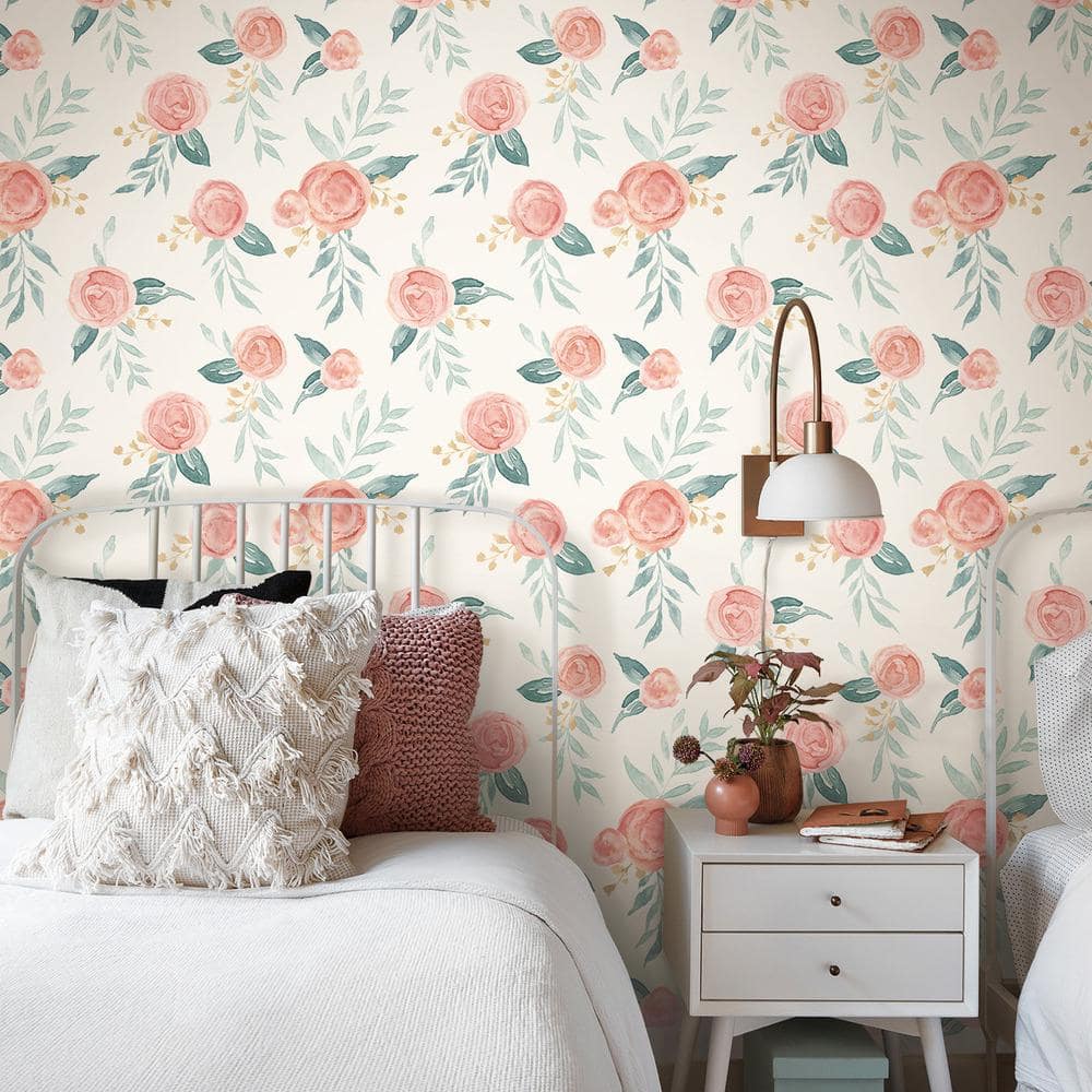 Red and Green Vinyl-Coated Watercolor Roses Wallpaper