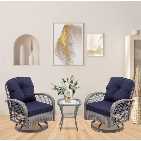 Unbranded Wicker Indoor and Outdoor Rocking Chair Set with 360° Swivel Patio Rocker, Glass Coffee Table and Nave Blue Cushions
