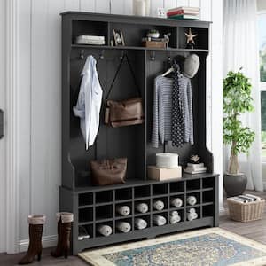 Multifunction 60 in. W Black Hall Tree with 6 Metal Black Hooks and 24 Shoe Cubbies