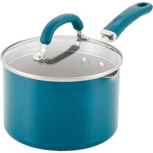 3 qt. Aluminum Long-Lasting Nonstick Sauce Pan in Teal Shimmer Sauce Pan with Built-in Strainer and Tempered glass lid