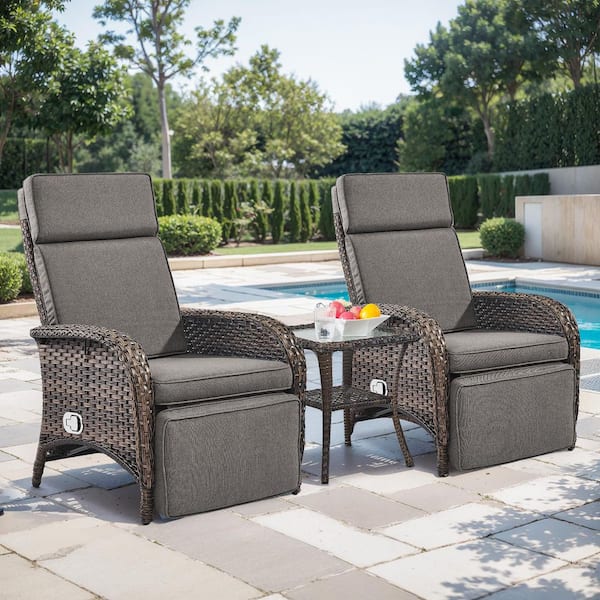 Sleek Arm Brown 3-Piece Wicker Outdoor Recliner with Olefin Gray Cushions and Flat Armrests Patio Chaise Lounge Chairs