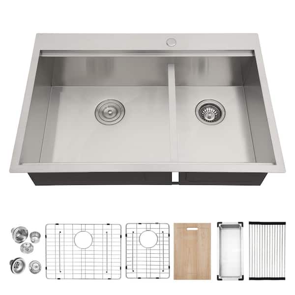 33 in. Drop-in 60/40 Low Divide Workstation Kitchen Sink Double Bowl in 16 Gauge Stainless Steel with Accessories