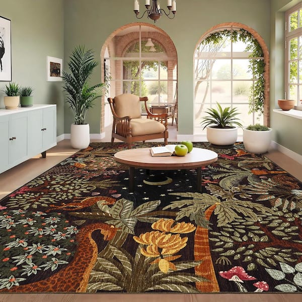 Camel 9 ft. x 12 ft. Washable Jungle Botanical Print Rug Soft and Non-Slip for Bedrooms Kid's Rooms and Offices