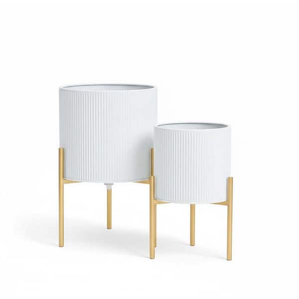 Set of 2-White and Gold Metal Floor Planters with Stand (8.25/10.5 in.)