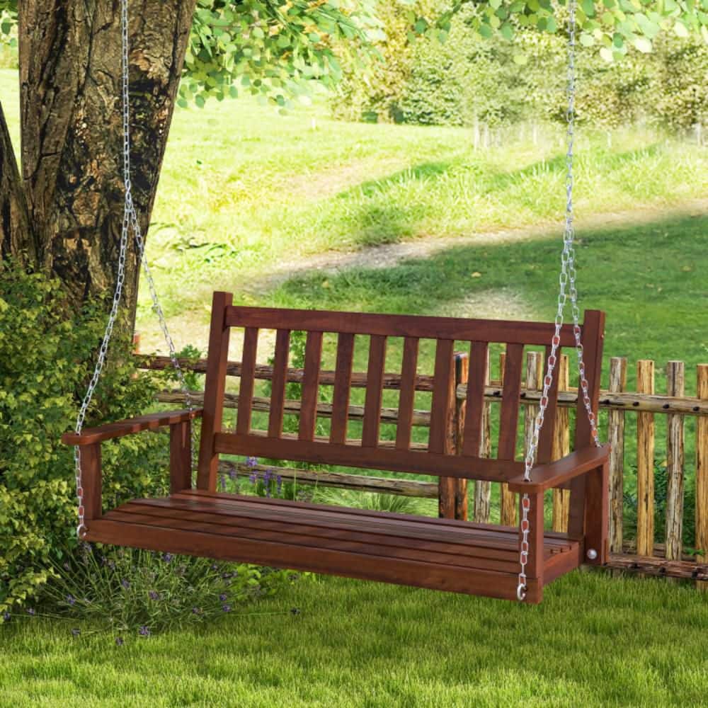 Brown Poplar Wood 3-Person Outdoor Porch Swing with Metal Chains