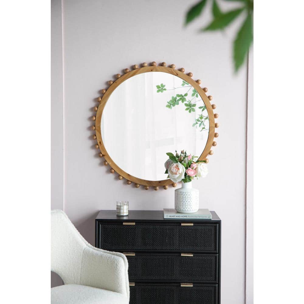 34 in. Round Natural Fir Wood Bathroom Vanity Mirror with Beaded Accents