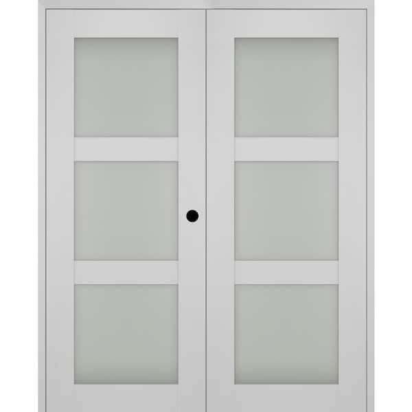 Smart Pro 64 in. x 84 in. Left Hand Active 3-Lite Frosted Glass Polar White Wood Composite Double Prehung French Door
