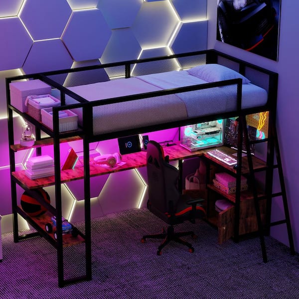 Harper & Bright Designs Gaming Style Black Twin Size Metal Loft Bed with Built-in MDF Tabletop, LED Light, Multiple Storage