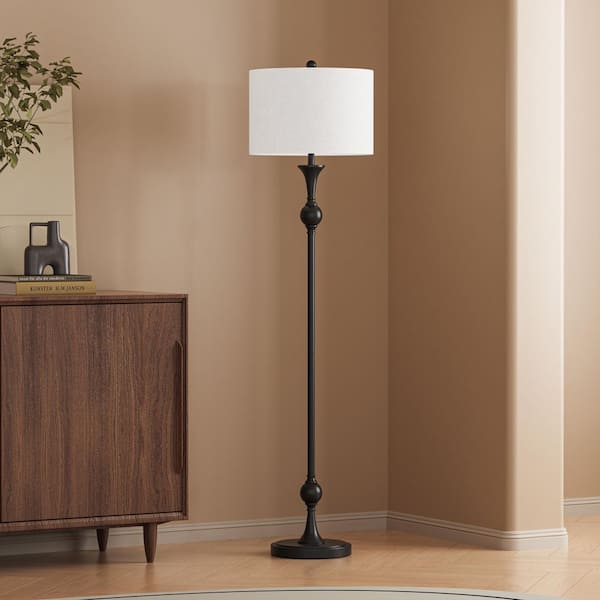 60 in. Bronze 1-Light Standard Floor Lamp for Living Room with Fabric Drum Shade