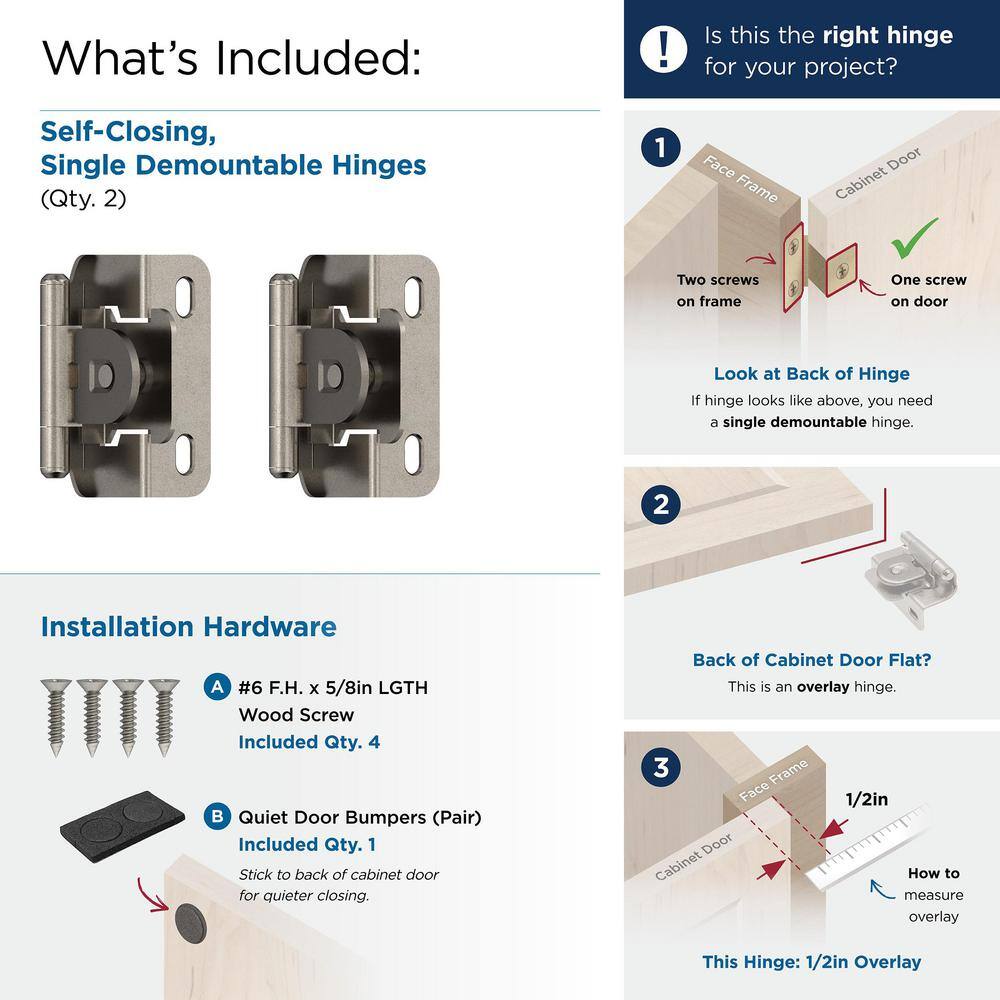 Nickel 1/2 Inch Overlay Single Demountable Cabinet Hinge