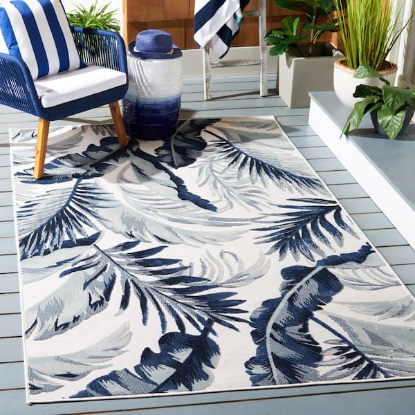 Cabana Ivory/Navy 6 ft. x 10 ft. High-Low Leaf Indoor/Outdoor Area Rug