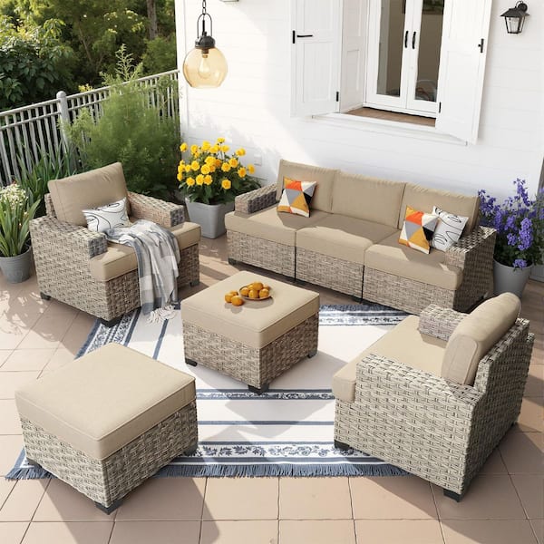 XIZZI Kairos 7-Pieces Wicker Outdoor Patio Conversation Seating Set with Beige Cushions