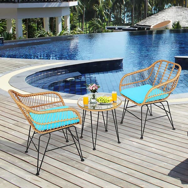 Boyel Living 3-Pieces Metal Rattan Patio Conversation Set with Turquoise Cushioned Chair Table