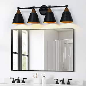 29.5 in. 4 Light Black and Wood Grain Bathroom Vanity Light with Hammered Metal Shade