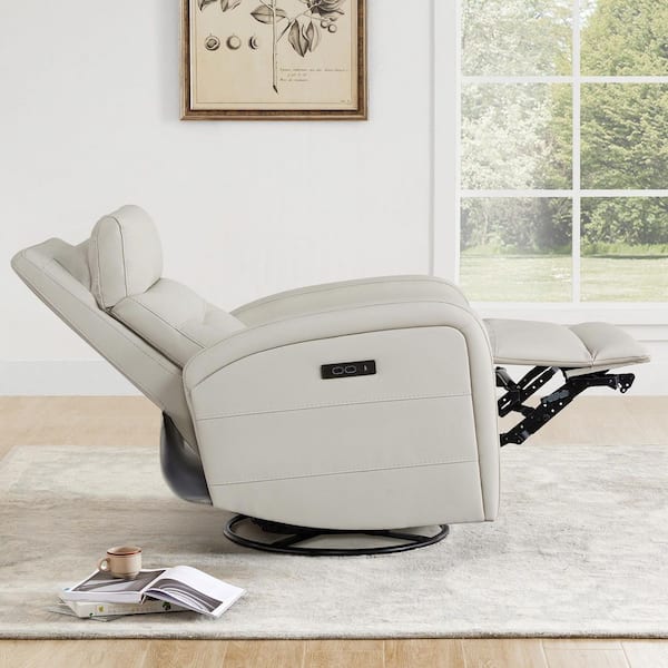Eulalia Cream Dual-Motor Faux Leather Power Swivel Rocker Recliner with Power Headrest,USBandType-C Ports forLiving Room