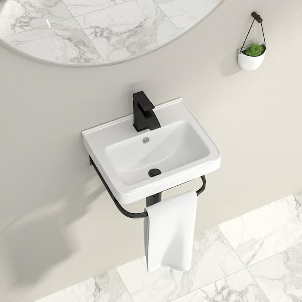 17 in. Rectangular Ceramic Wall Mount Bathroom Sink in White with Black Towel Rack and Faucet