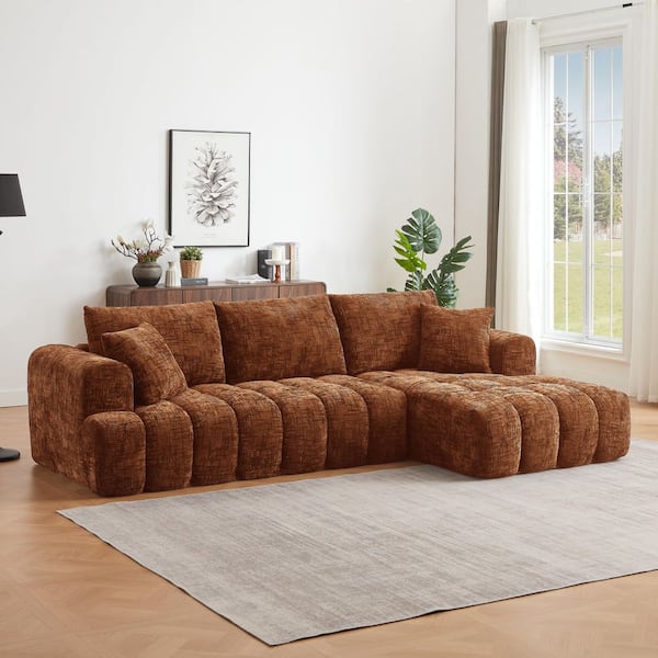 Lucille Mnimalist 108.3 in. Round Arm Chenille Upholstery L-Shaped Sectional Sofa in. Orange