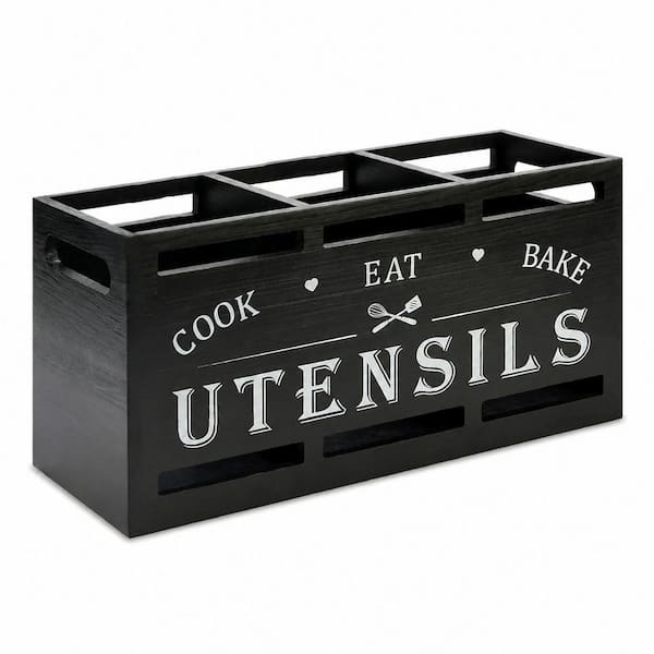 Black Wooden 3-Compartment Utensil Holder for Kitchen Countertop and Wall Mount Storage