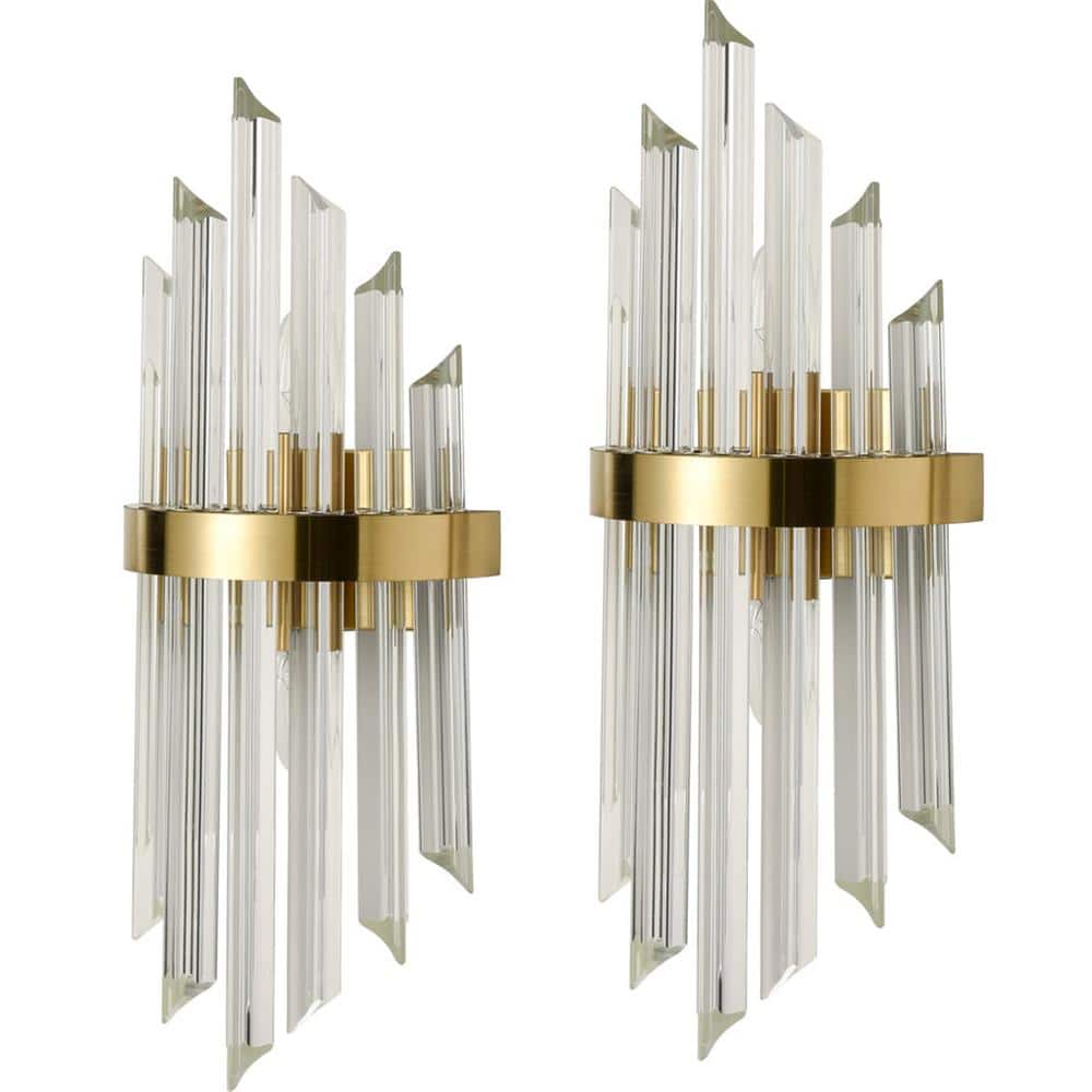 Brushed Brass and Clear Crystal Glass Rod Wall Sconce Set