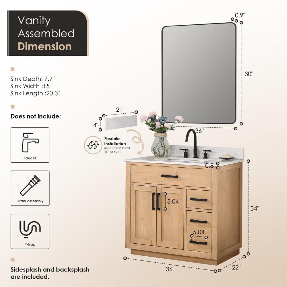 Gavino 36" Light Brown Wood Vanity with Composite Stone Top and Mirror