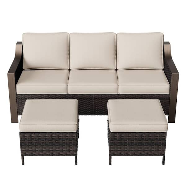 3-Piece Dark Brown Wicker Outdoor Couch with Gently Sloped Armrests, Ottomans and Beige Cushions