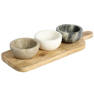 California Designs Marble and Mango Wood 4 Piece Condiment Divided Serving Dishes and Paddle Board Set