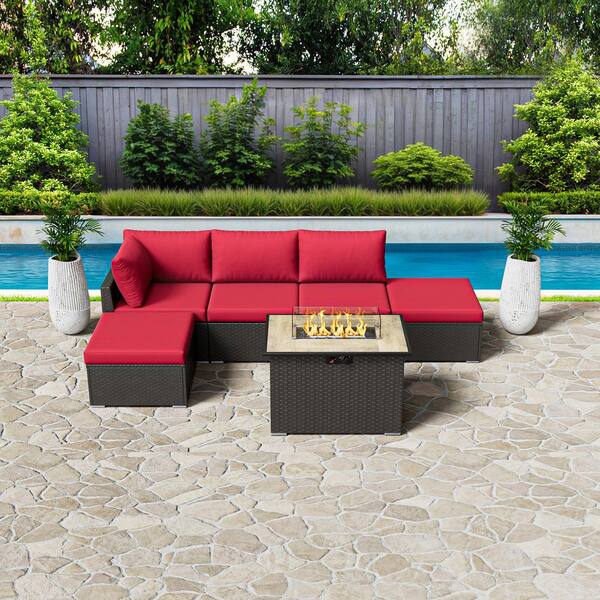 eVita 6-Piece Outdoor Wicker Patio Conversation Seating Set with Propane Fire Pit Table (Red Cushion)