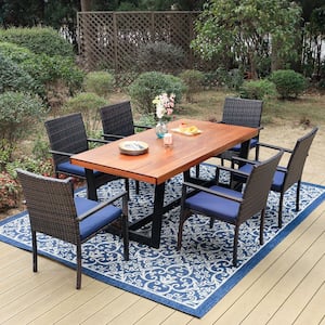 Black 7-Piece Metal Patio Wood Outdoor Dining Set with Rectangular Table and Rattan Chair with Blue Cushion