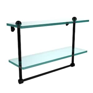 16 in. L x 12 in. H x 5 in. W 2-Tier Clear Glass Bathroom Shelf with Towel Bar in Matte Black