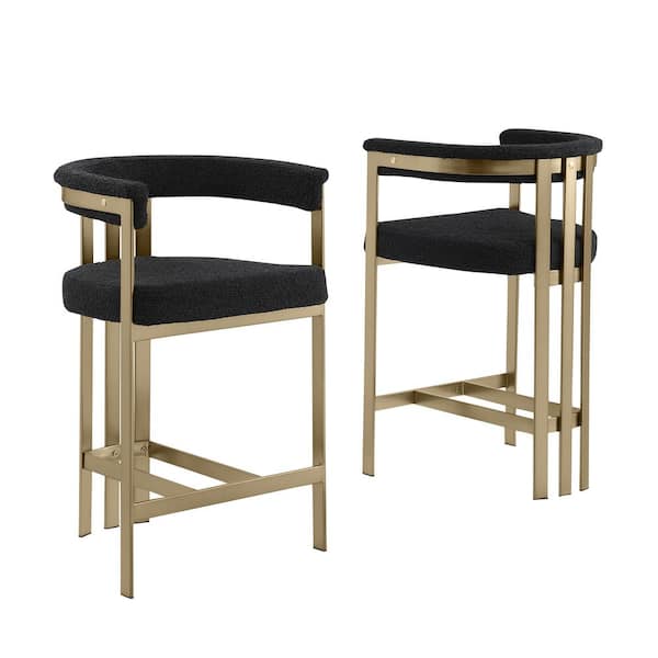 Best Quality Furniture Reba 26 in. Black Color Low Back Metal Frame Matte Brushed Gold Chrome Base Counter Stool With Boucle Fabric Set of 2