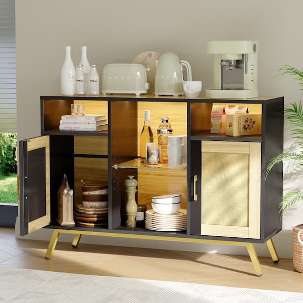 Bestier Black 41.73 in. Rattan Boho LED Accent Storage Cabinet Buffet with Doors and Open Shelves