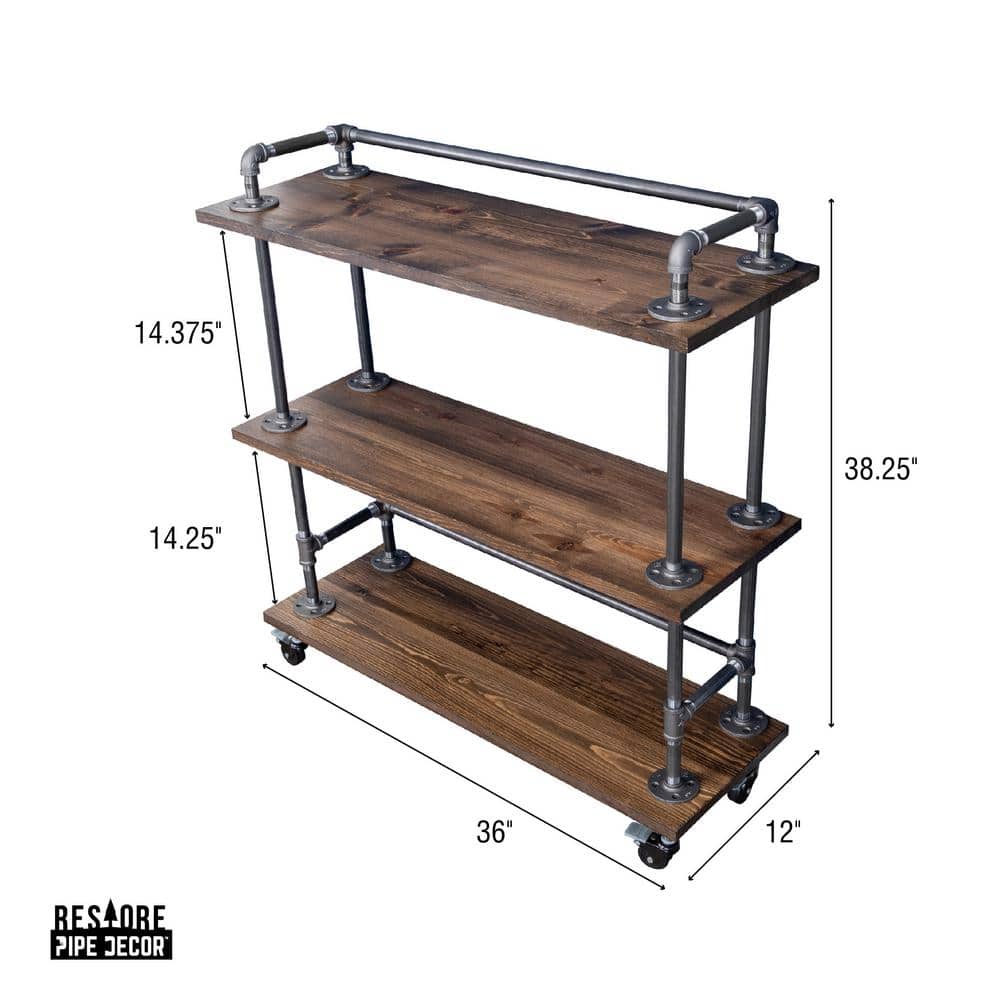 Trail Brown Industrial Wood and Steel 3-Tier Bar Cart with Wheels