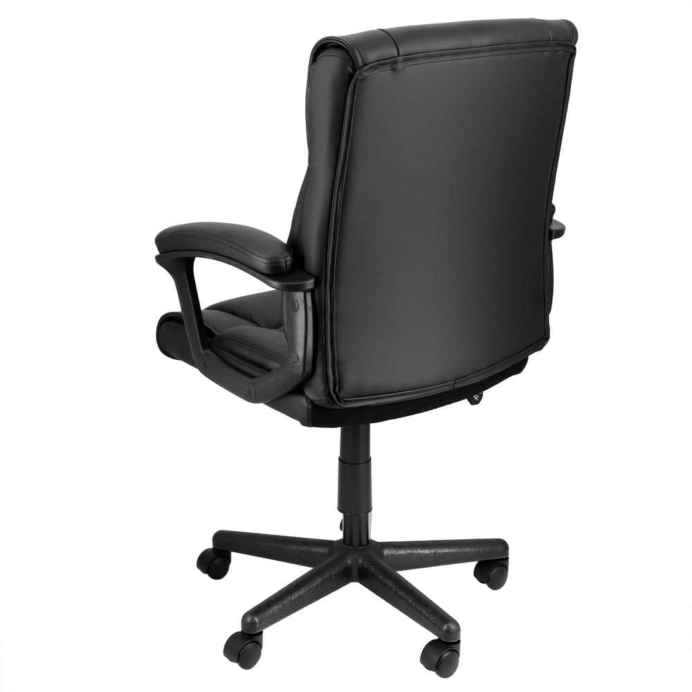 Back view of a black faux leather mid-back office chair.