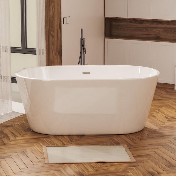 JimsMaison 59 in. x 30 in. Acrylic Freestanding Flatbottom Soaking Bathtub with Center Drain in Gloss White