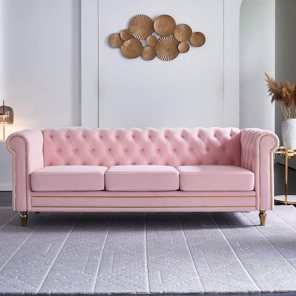 Ingrid Modern 84.65 in. Rolled Arm Velvet Upholstery Rectangle Sofa in Pink with Tufted Back, 2 Pillows, Gold Strip Trim