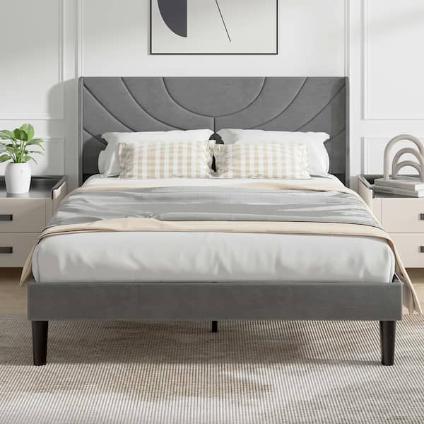 VECELO Upholstered Bed Gray Metal Frame Full Platform Bed with Fabric Headboard, Wooden Slats Support