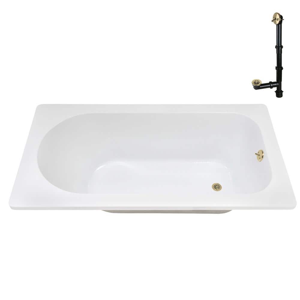 72" x 36" Glossy White Acrylic Soaking Drop-In Bathtub with Polished Brass Drain
