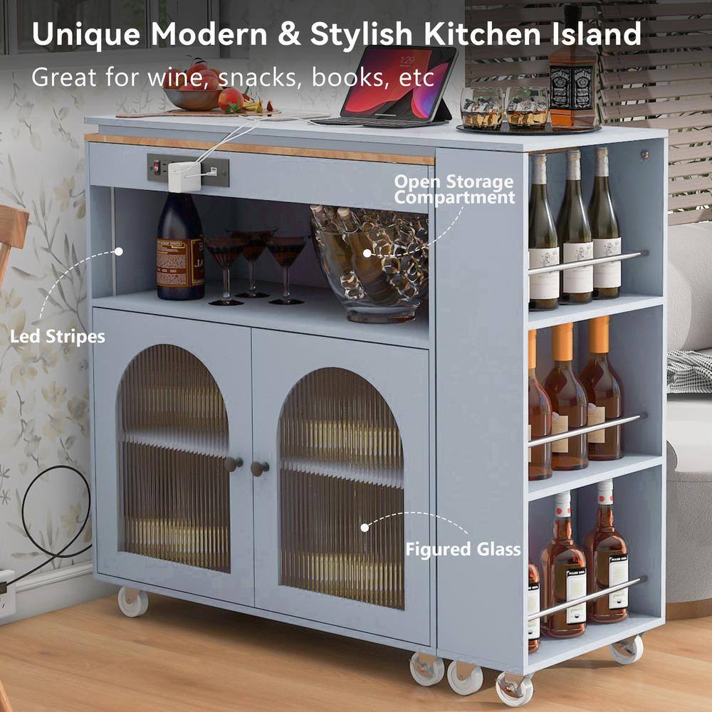 Grey Blue Rubber Wood MDF Kitchen Cart with Extended Table and Electrical Outlets - thumbnail 6